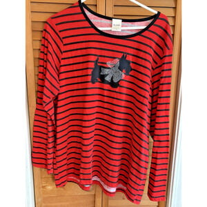 Women's Size XL Blair Red w/ black stripes LS shirt with sparkly westie graphic.